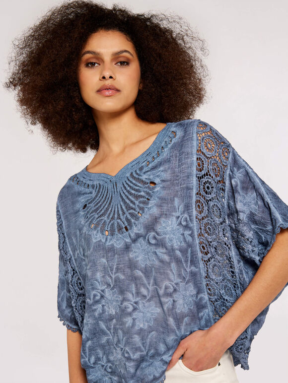 Embroidered Mesh Top, Navy, large