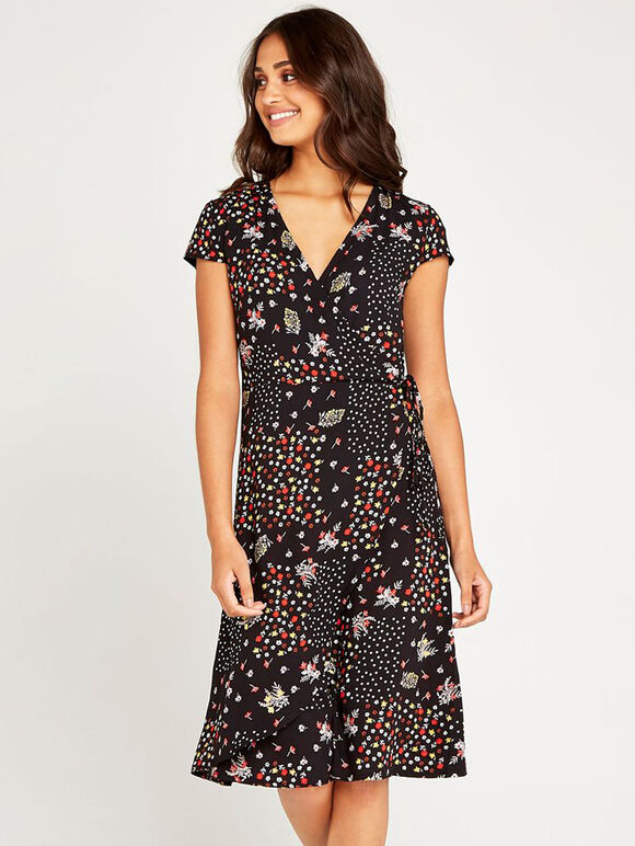 Black Patchwork Floral Wrap Dress, Black, large