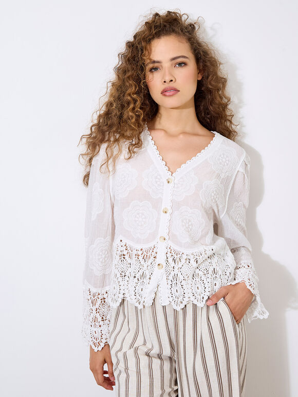 Embroidered Daisies Lace Hem Top, White, large