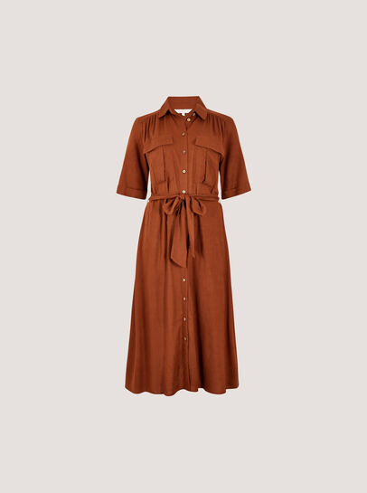 Linen Blend Utility Shirt Midi Dress