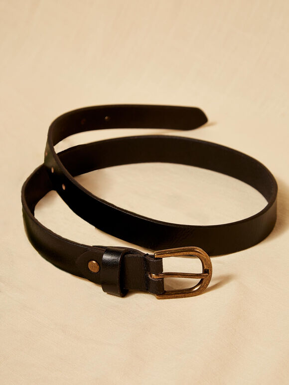 Leather Gold Buckle Belt, Black, large