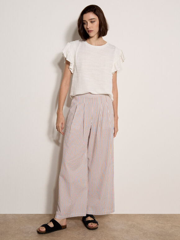 Ruffle Sleeve Textured T-Shirt, Cream, large