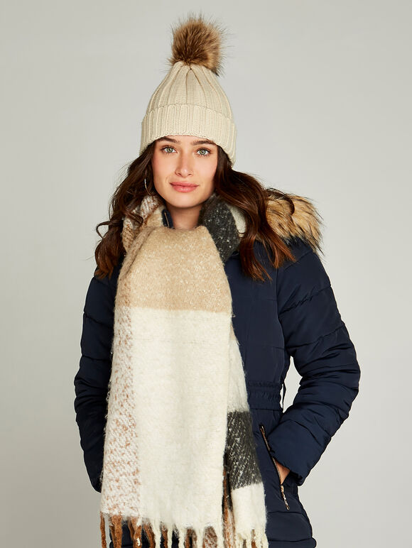 Knit Faux Fur Pom Pom Beanie, Stone, large