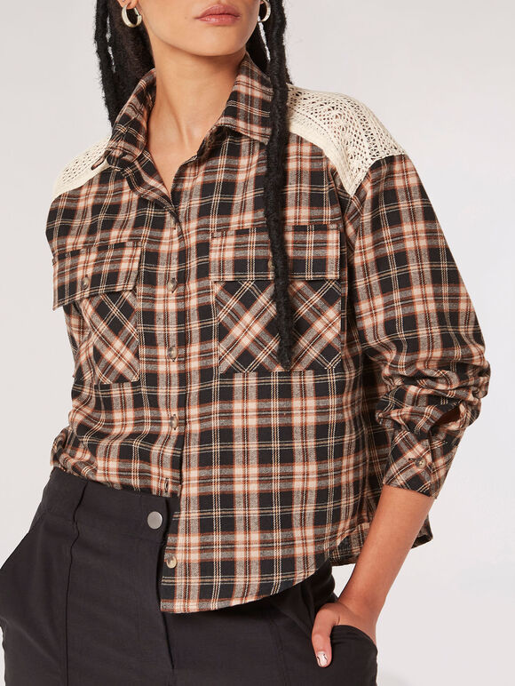 Crochet Detail Cropped Checked Shirt, Black, large
