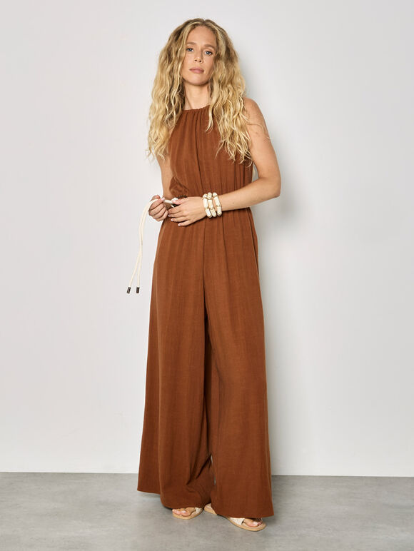Cotton Blend Wide-Leg Jumpsuit, Rust, large