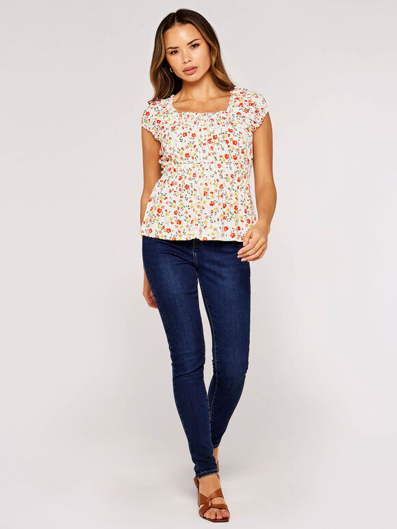 Ditsy Milkmaid Top, Cream, large