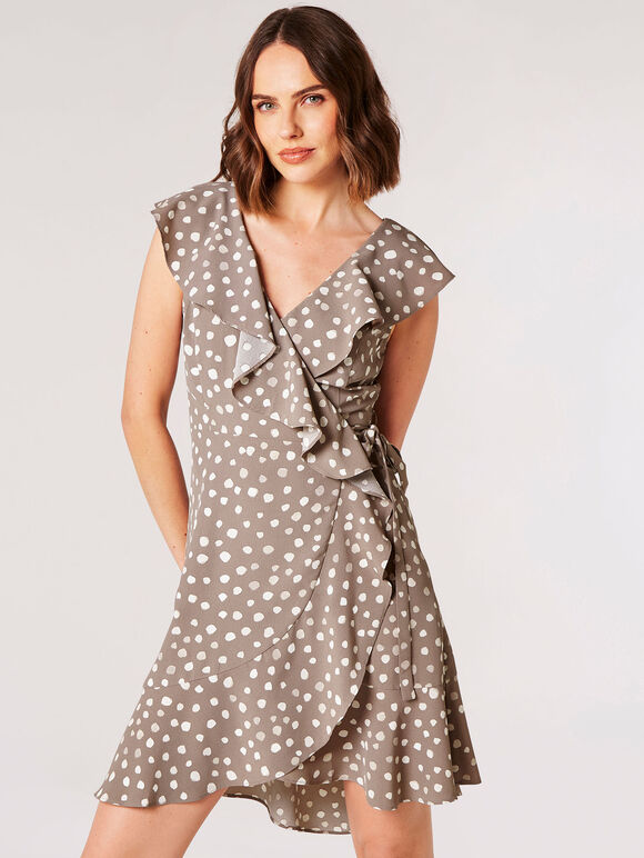 Painterly Dot Ruffle Wrap Mini Dress, Grey, large
