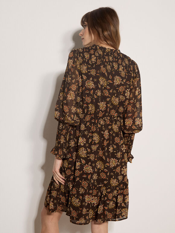 Folk Floral Chiffon Mini Dress, Brown, large