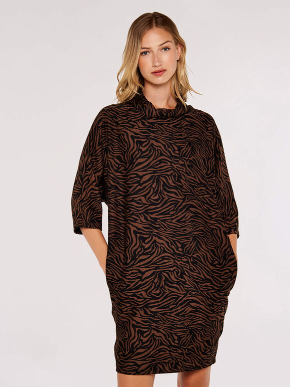 Zebra Print Cocoon Mini Dress , Brown, large