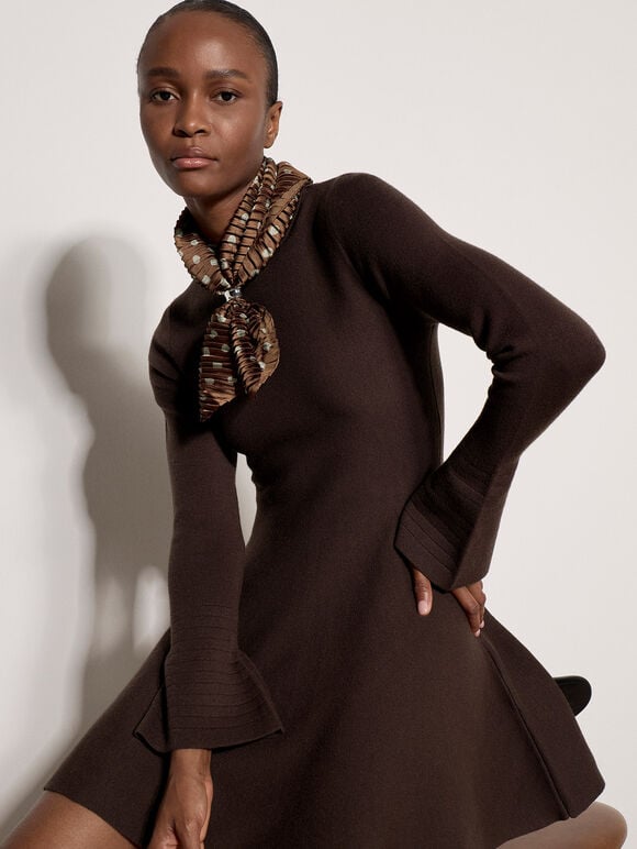 Bell Sleeve Knitted Skater Mini Dress, Brown, large