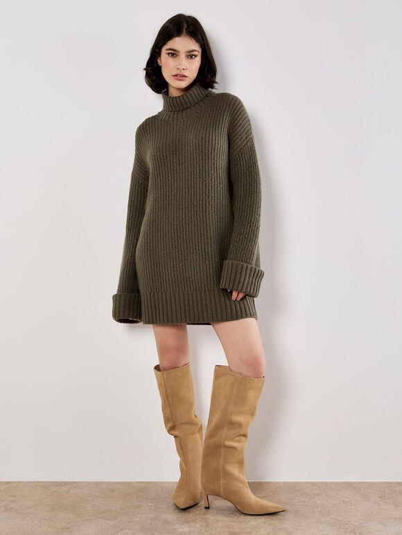 Boucle Knit Fisherman Jumper Mini Dress, Khaki, large