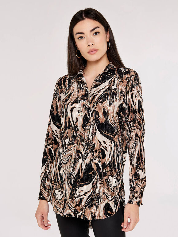 Marble Print Plisse Shirt, Black, large