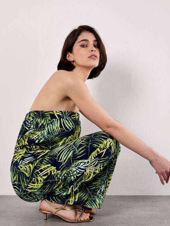 Bandeau Leaf Wide Leg Jumpsuit, Navy, large
