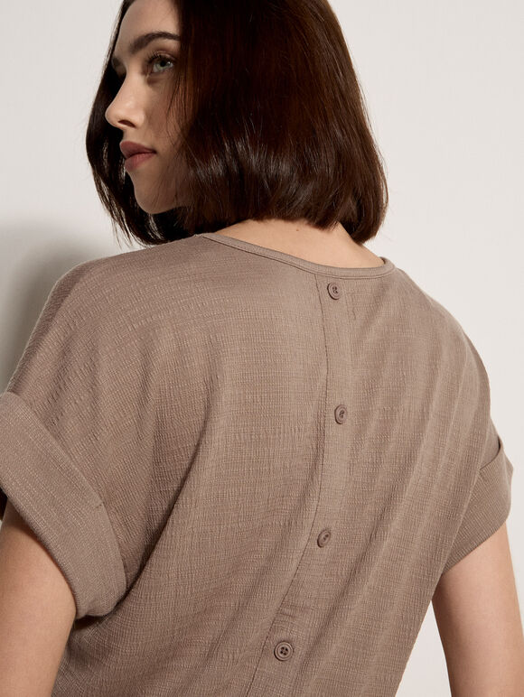 Button Back Textured T-Shirt, Stone, large
