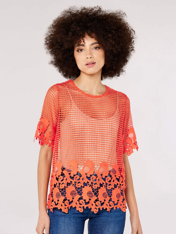 Square Mesh Guipure Top, Orange, large