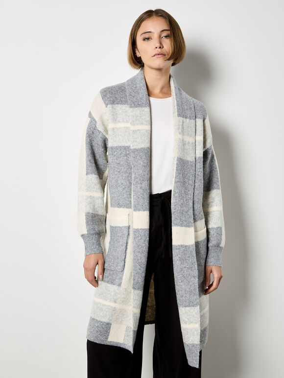 Stripe Colour Block Long Cardigan, Light Grey / Silver, large