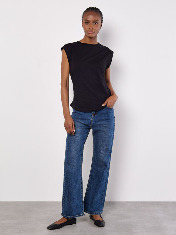 Cotton Jersey Side Ruched T-Shirt, Black, large