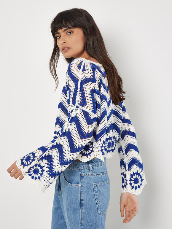 Crochet Chevron Bell Sleeve Top, White, large