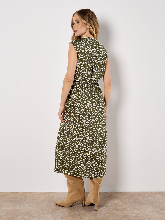 Animal Print Cotton Midi Dress, Khaki, large