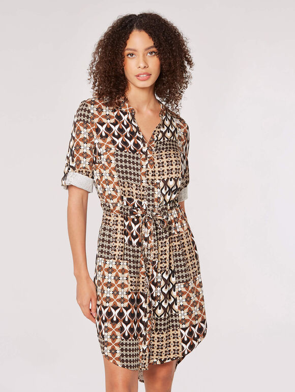 Patchwork Shirt Mini Dress, Brown, large