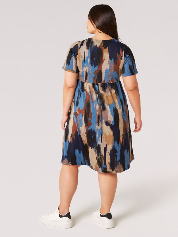 Curve Paint Stroke Print Knit Mini Dress, Navy, large