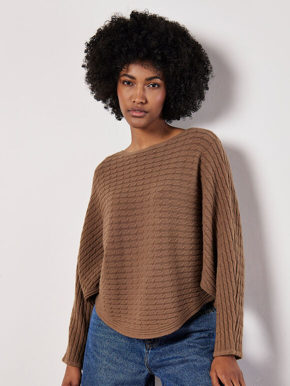 Cable Stripe Batwing Jumper, Brown, large