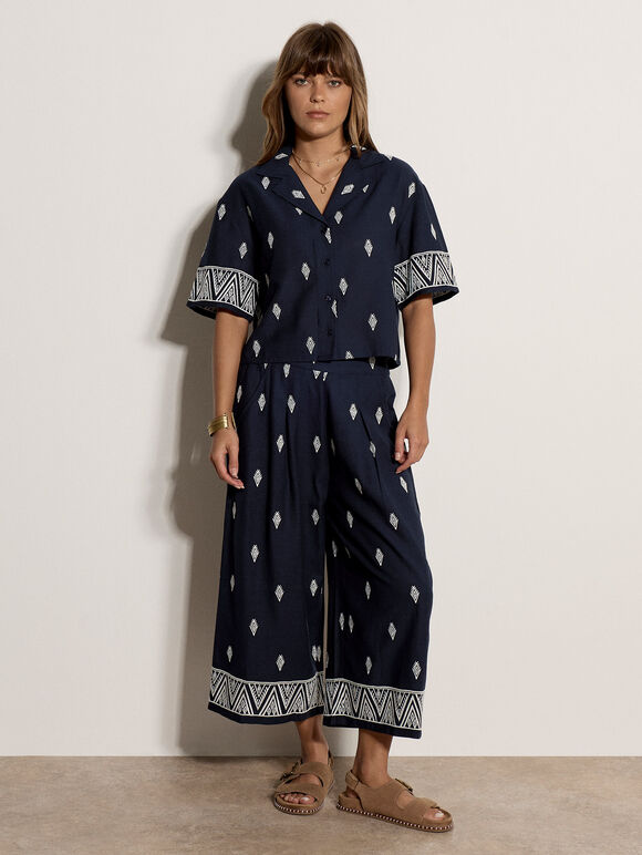 Cotton-Blend Embroidered Shirt, Navy, large