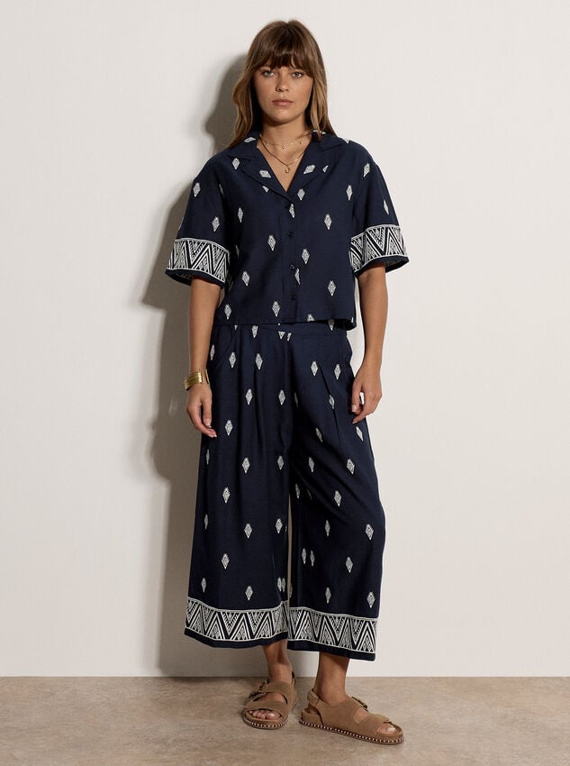 Cotton-Blend Embroidered Shirt, Navy, large