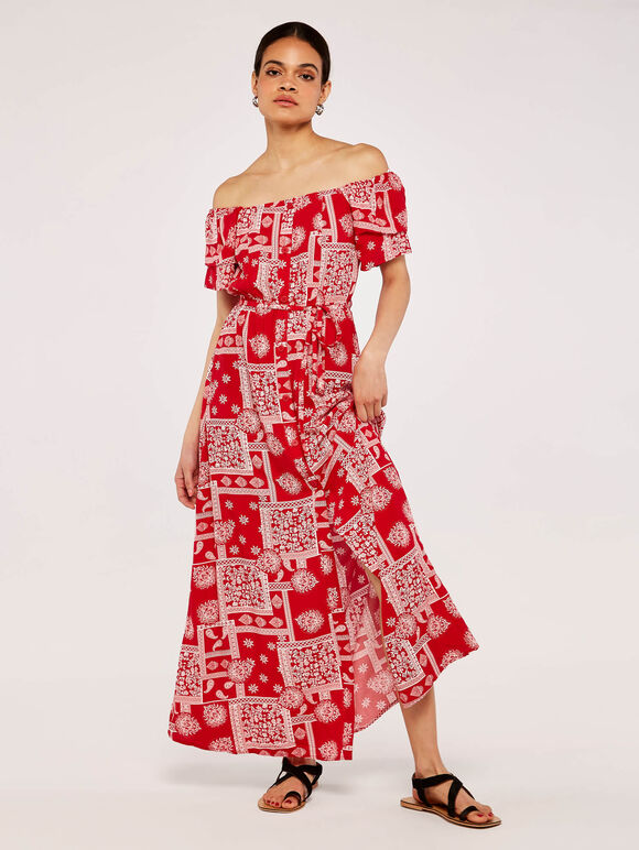 Patchwork Bardot Dress, Red, large