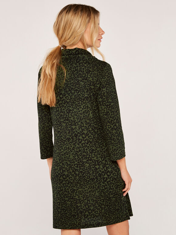 Leopard Print Flap Neck Swing Dress, Khaki, large