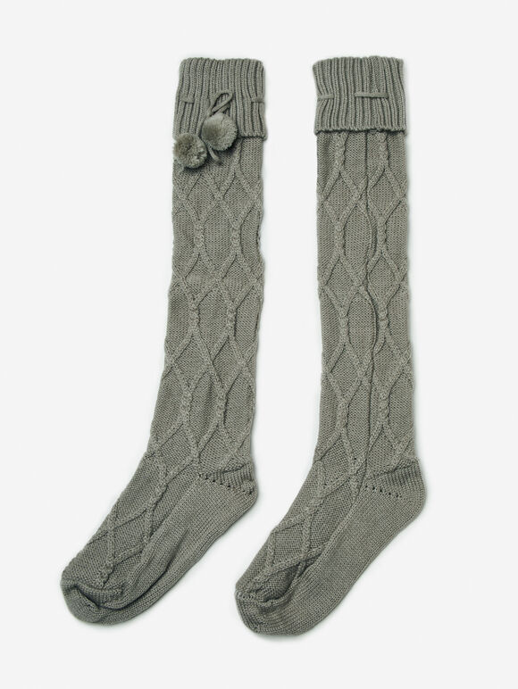 Pom Pom Knit Knee High Socks, Grey, large