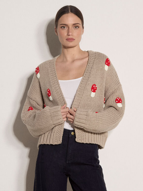 Mushroom Appliqu&eacute; Chunky Knit Cardigan, Brown, large