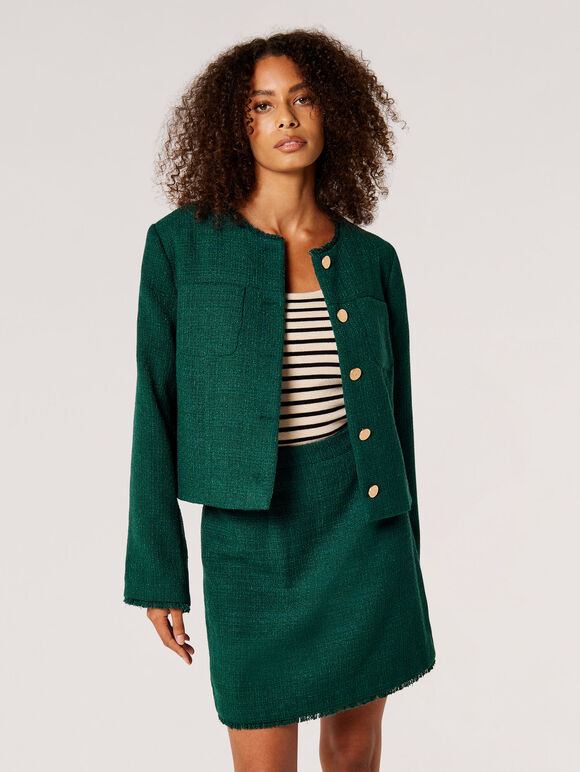 Tweed Cropped Fringe Jacket, Green, large