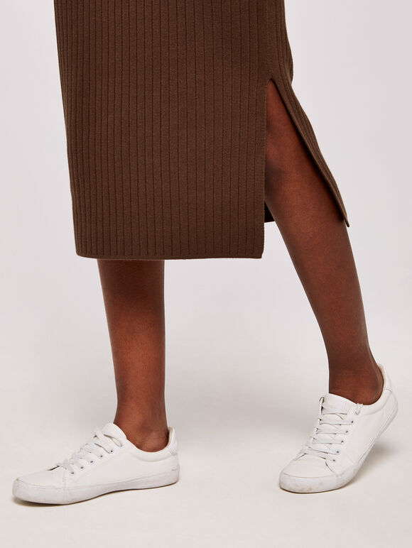 Ribbed Knit Midi Skirt, Brown, large