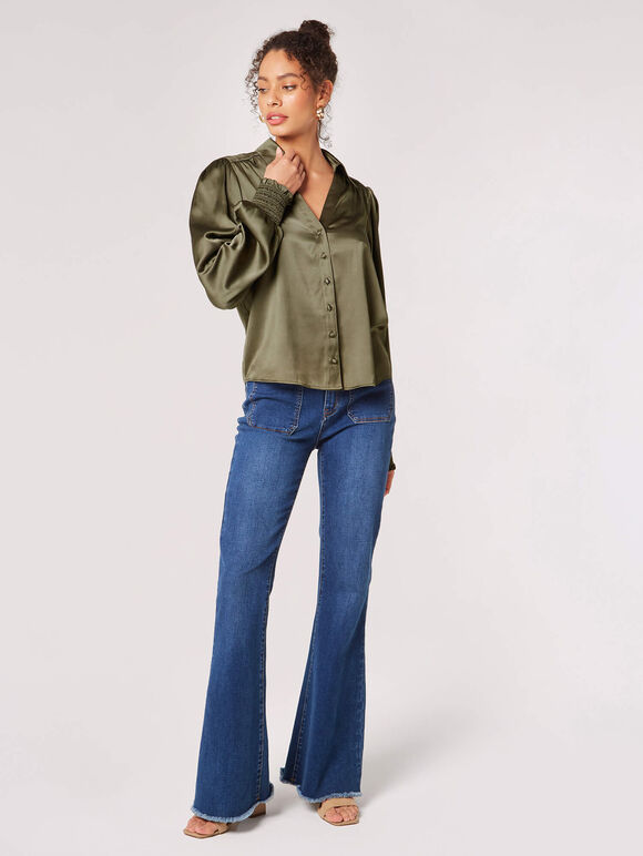 Balloon Sleeve Satin Shirt, Khaki, large