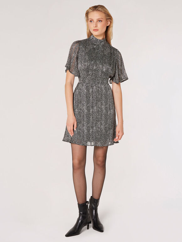 Irregular Spot Chiffon Mini Dress, Black, large