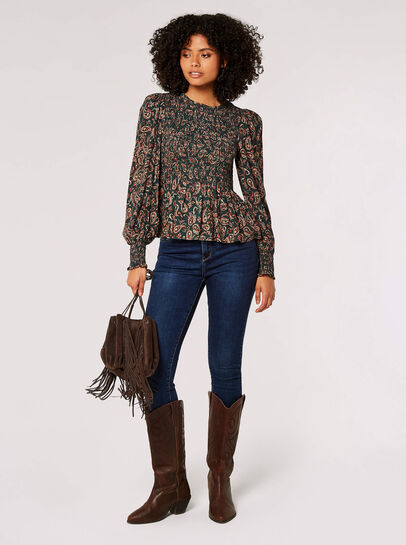 Paisley Puff Sleeve Smocked Top