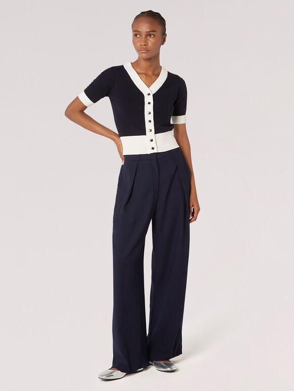 Contrast Trim Cotton Cardigan, Navy, large