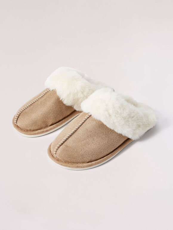 Furry Slip On Slipper, Stone, large