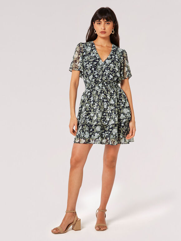 Watercolour Rose Tiered Mini Dress, Navy, large