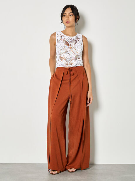 Linen Blend Wrap Wide-Leg Trousers