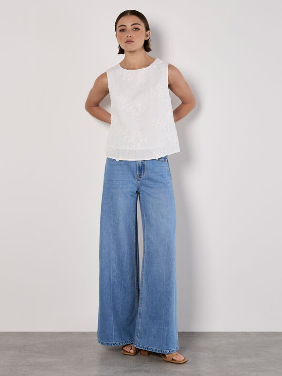 Floral Embroidered Shell Top, White, large