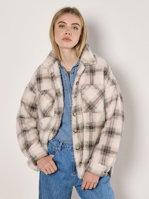 Check Print Fleece Shacket, Stone, large