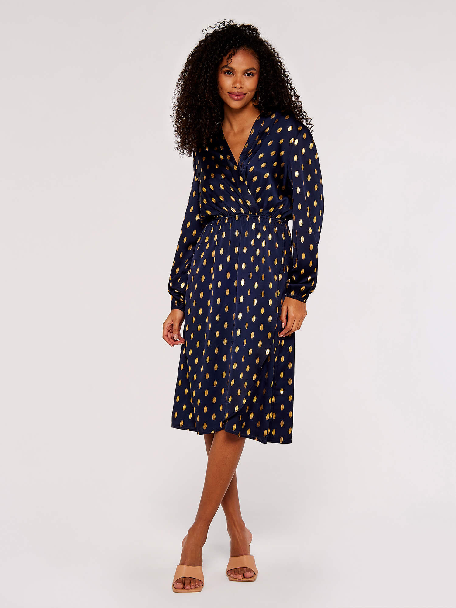 Metallic Gold Spot Midi Dress Apricot Clothing