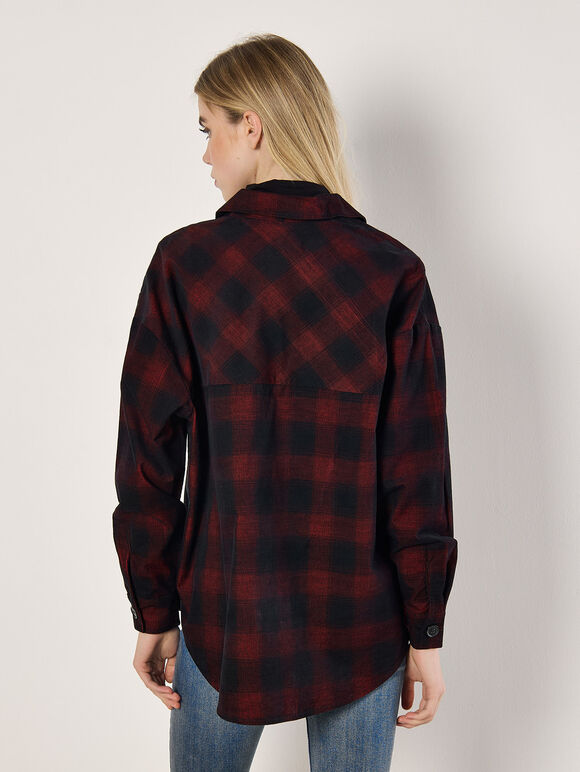 Oversized Check Corduroy Shirt, Red, large