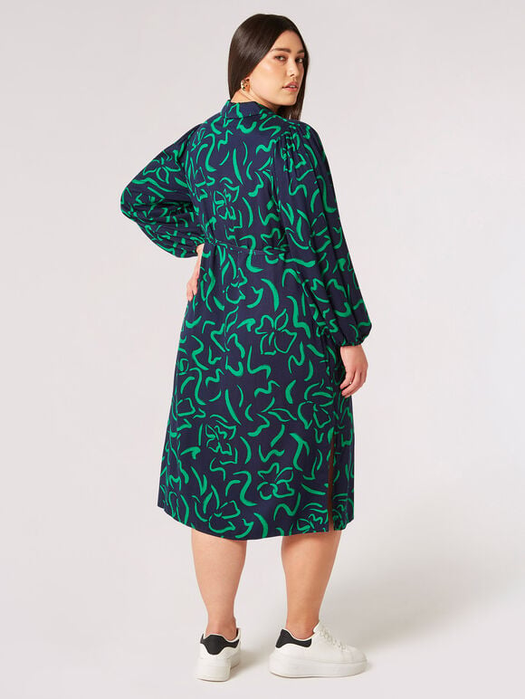 Curve Abstract Lines Shirt Midi Dress, Navy, large