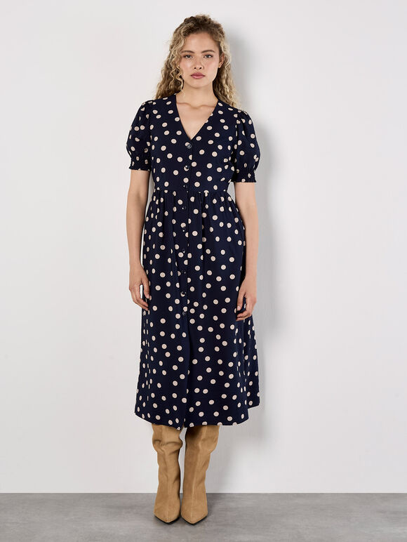 Polka Dot Button-Down Midi Dress, Navy, large