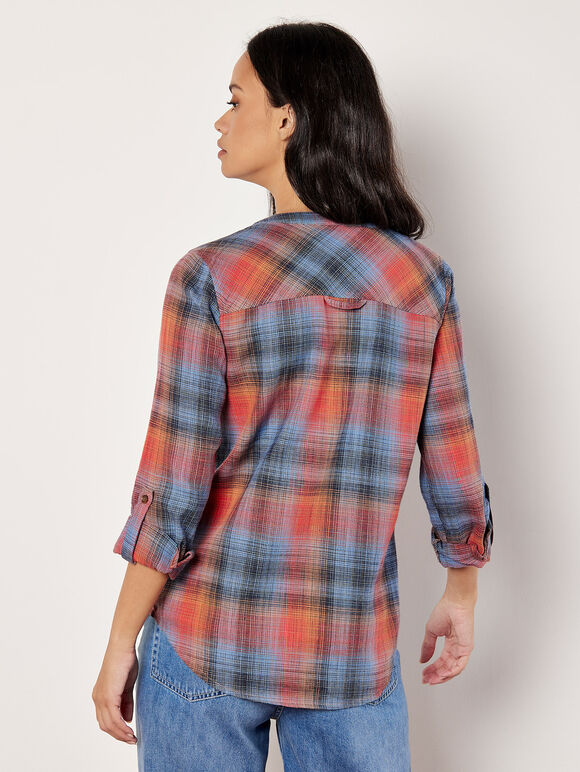 Grandad Collar Check Shirt, Blue, large