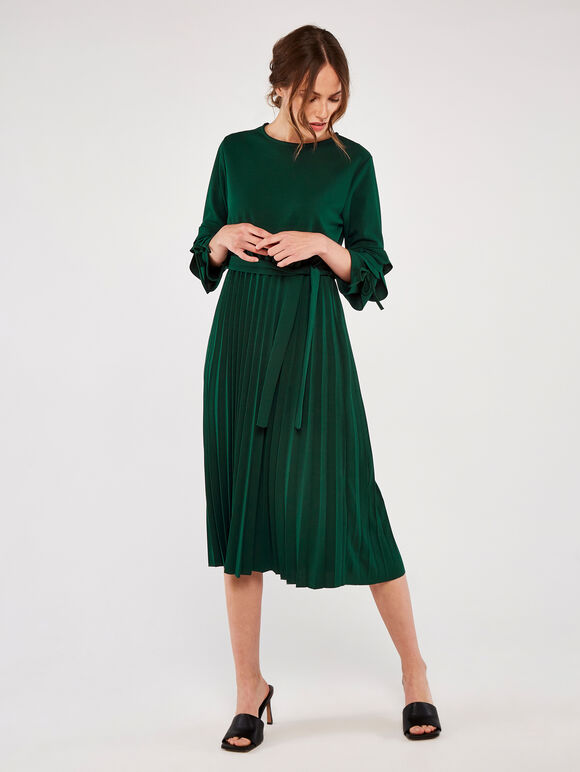 Pleat Ruffle Sleeve Midi Dress, Green, large