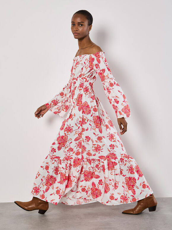 Floral Bardot Maxi Dress, Cream, large